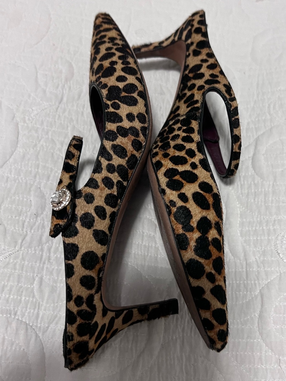 Kate Spade Leopard Printed fur Pointed Toe Kitten Heels with rhinestone buckle